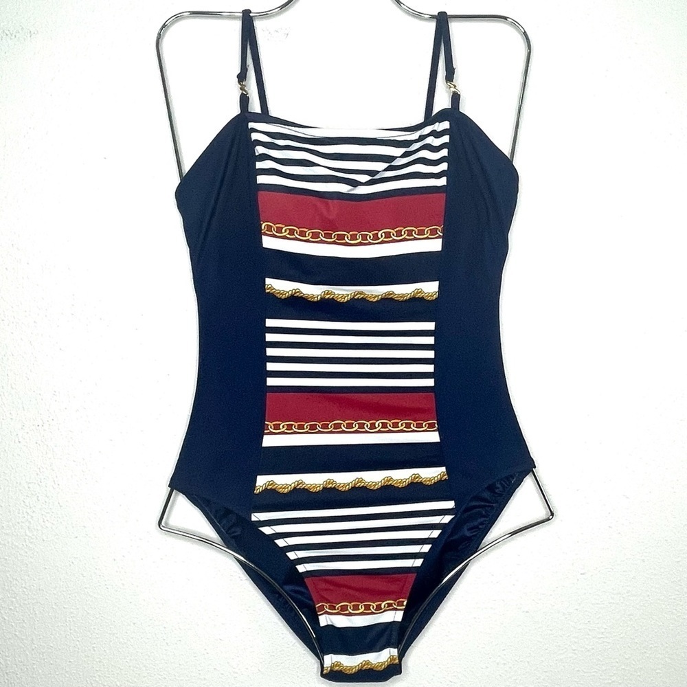 Vintage‎ Jantzen 90’s Blue Red Striped Gold Chain Swimsuit​